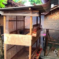 The same wooden poultry coop seen from a second angle